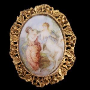 Porcelain Gold Tone Victorian Style Cameo Brooch